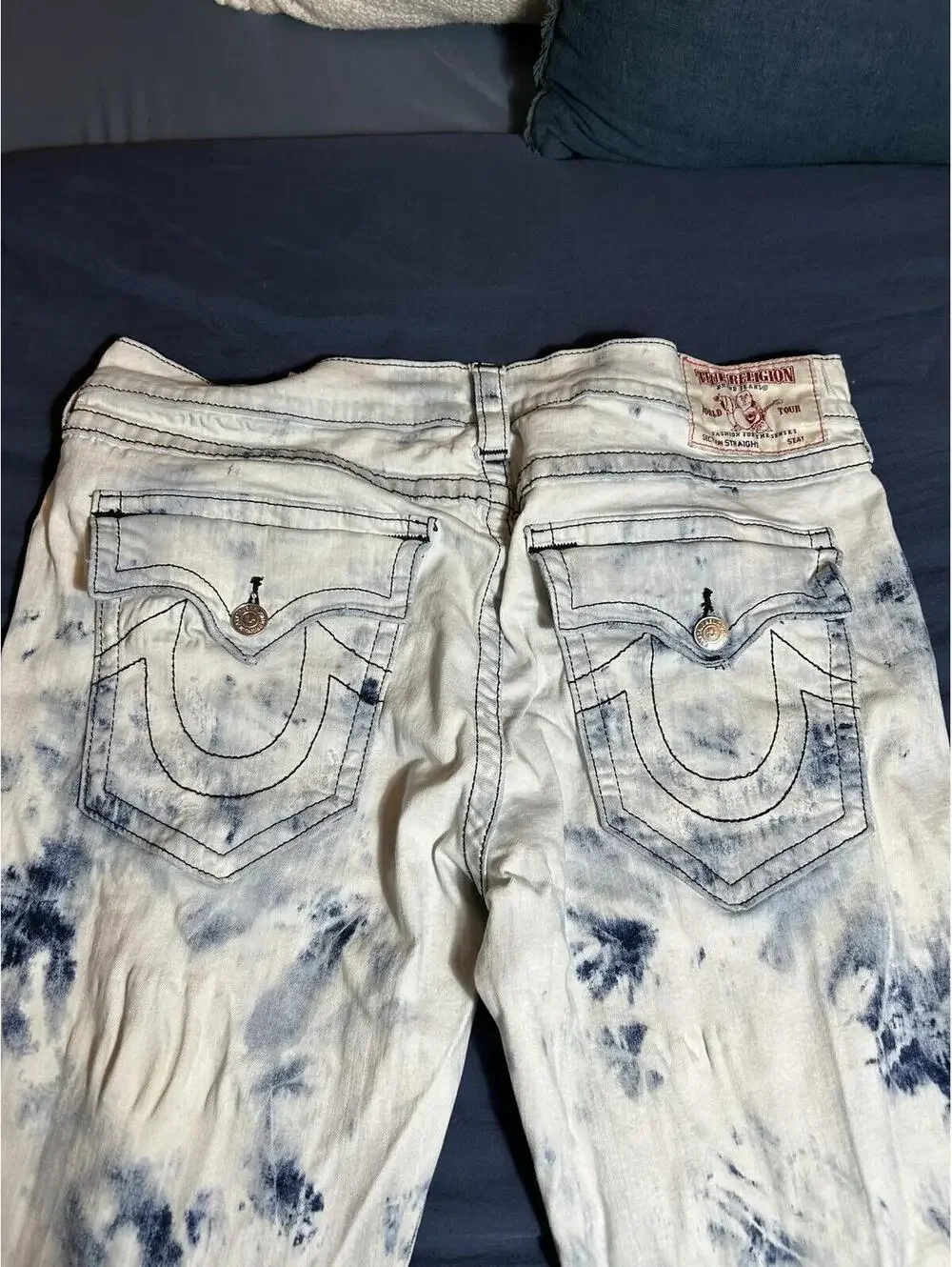 True Religion White and Blue Tie-Dye Straight Leg Jeans Size 40